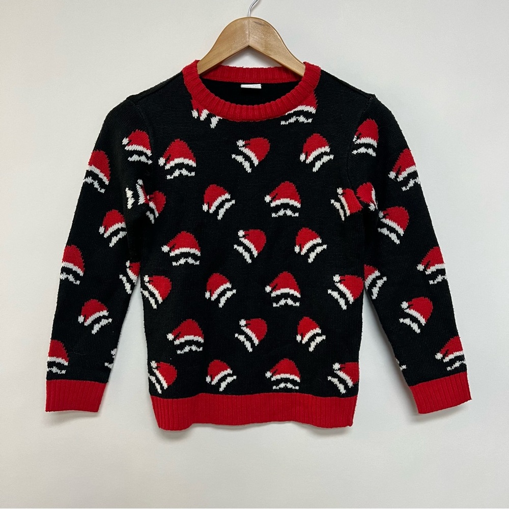 F&F Kids Christmas Sweater Santa Hat Print Black White Red Size 10 Youth